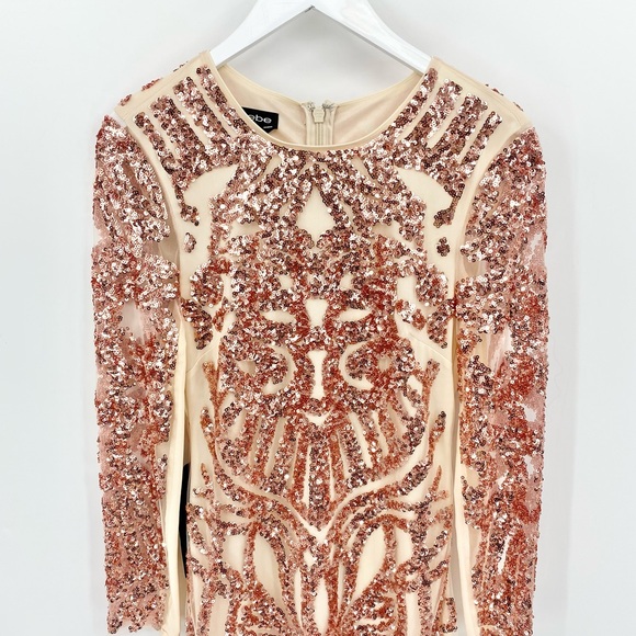 BEBE Sequin Scroll Mesh Rose Gold Bodycon Structured Dress Size M - Picture 6 of 16